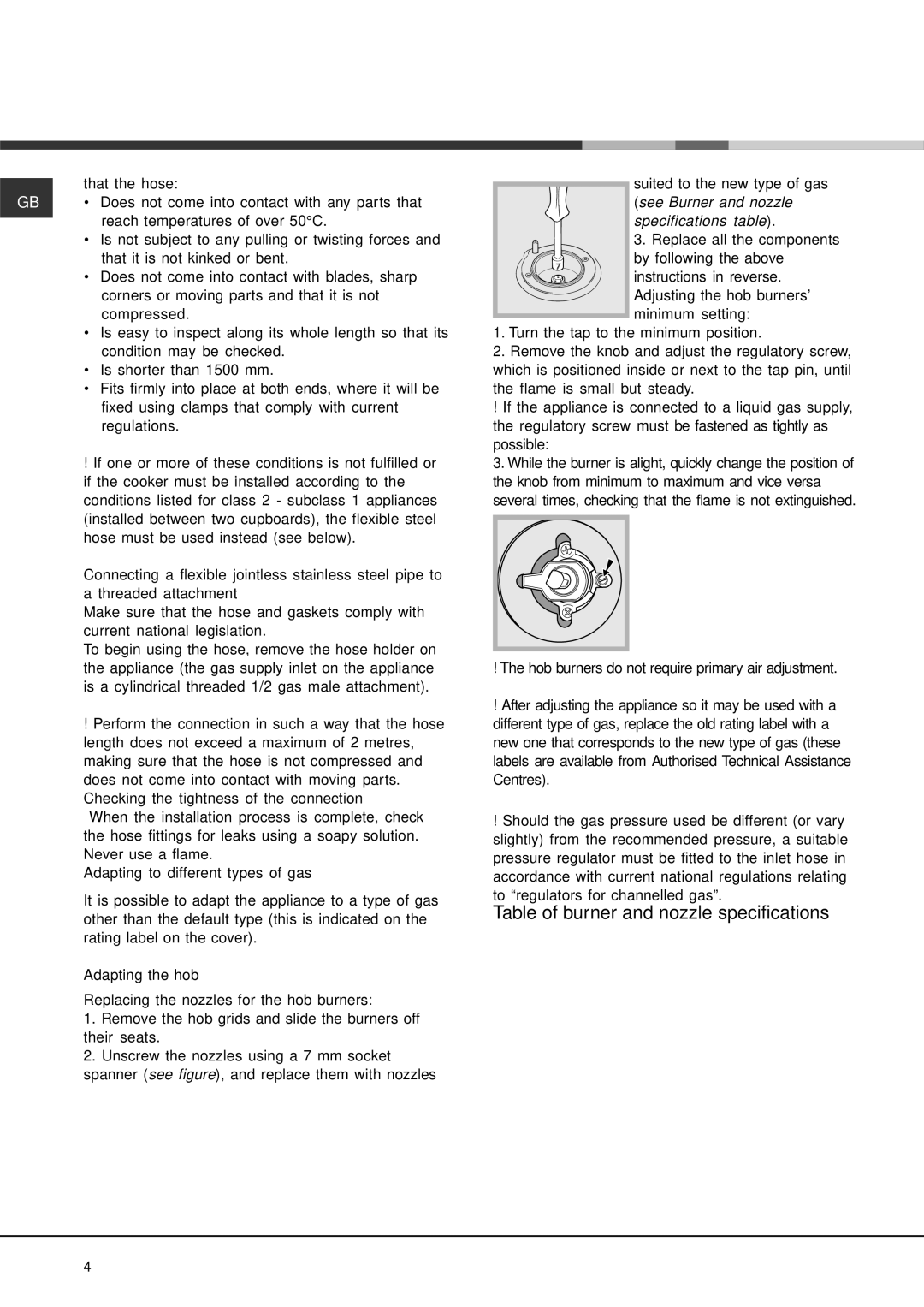 Indesit KP900GX Table of burner and nozzle specifications, Specifications table 