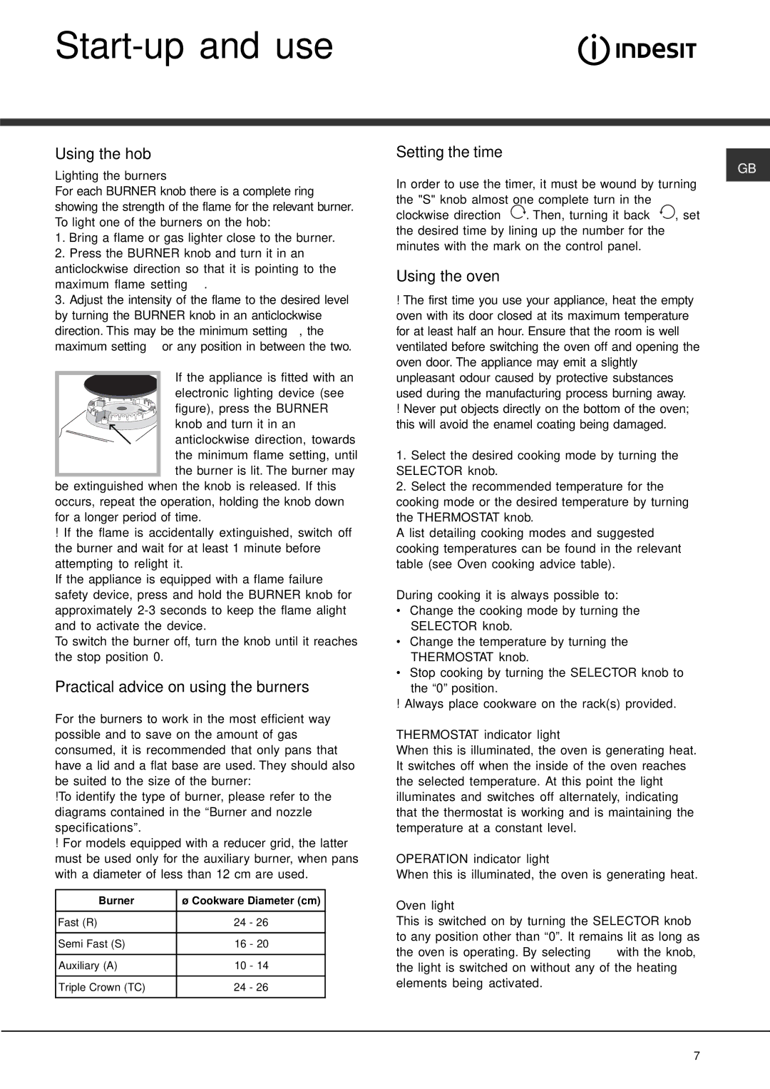 Indesit KP900GX Start-up and use, Using the hob, Practical advice on using the burners, Setting the time, Using the oven 