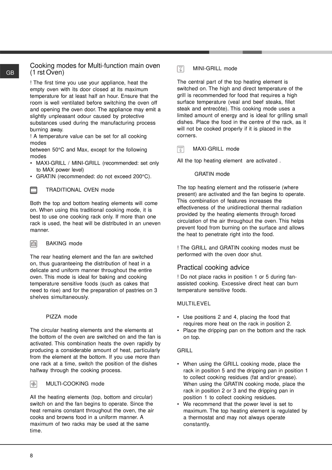 Indesit KP900GX specifications Cooking modes for Multi-function main oven GB 1 rst Oven, Practical cooking advice 