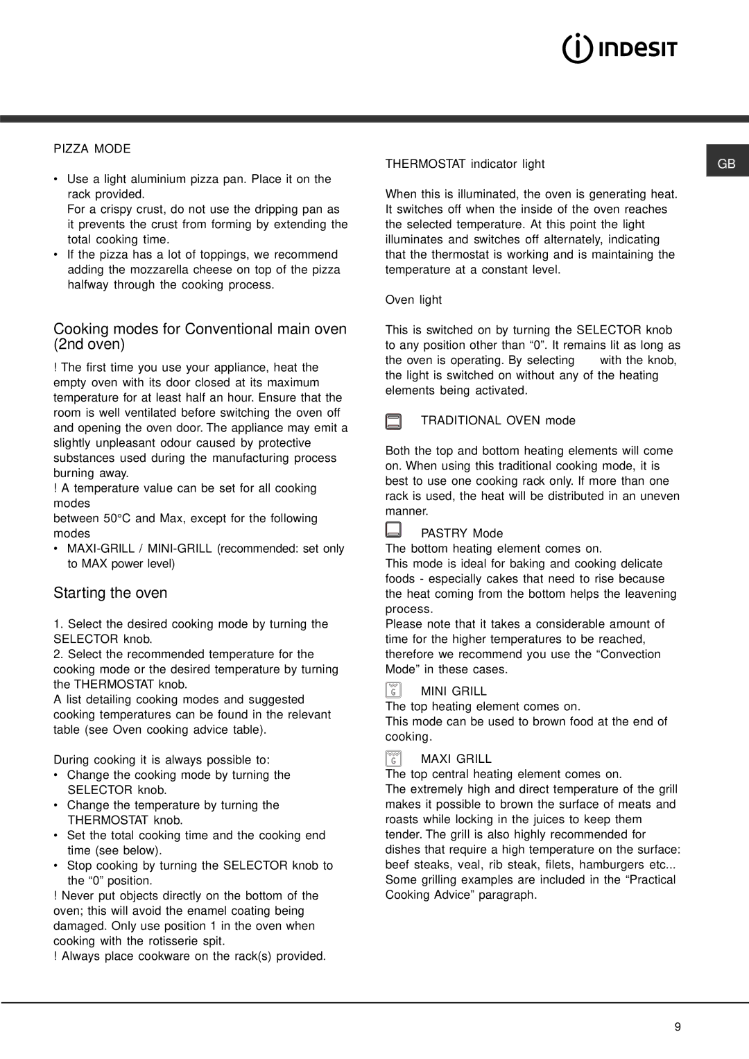 Indesit KP900GX specifications Cooking modes for Conventional main oven 2nd oven, Starting the oven 