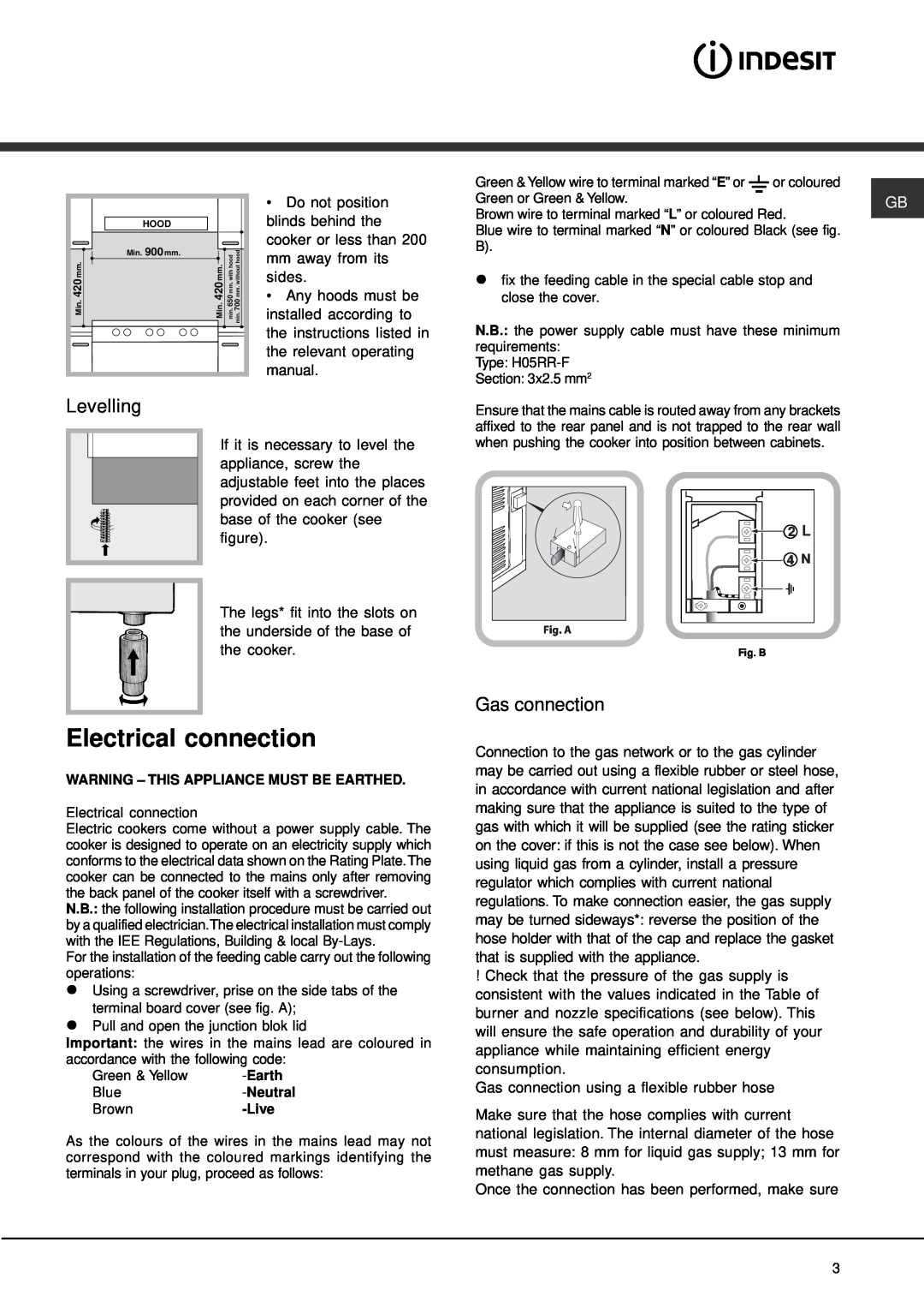 Indesit KP900GX specifications Levelling, Gas connection, Electrical connection 