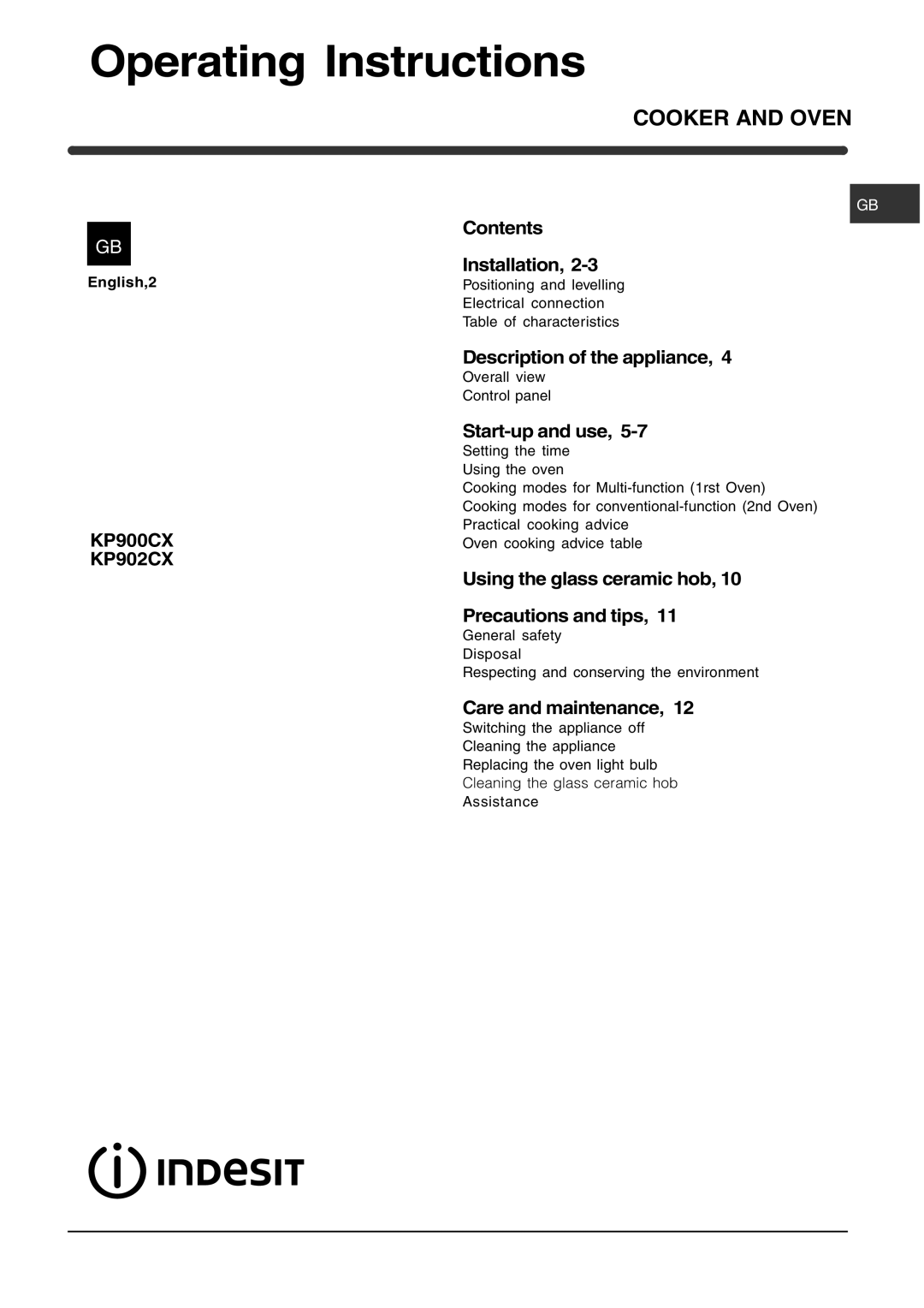 Indesit KP902CX manual Operating Instructions 