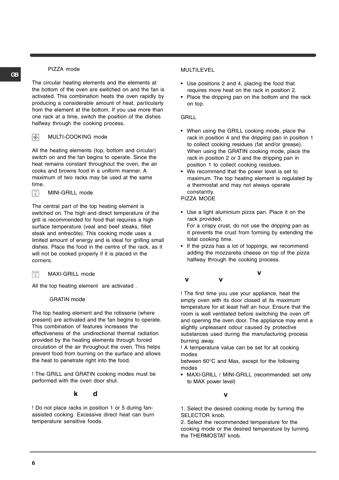 Indesit KP902CX manual Practical cooking advice, Cooking modes for Conventional main oven 2nd oven, Starting the oven 