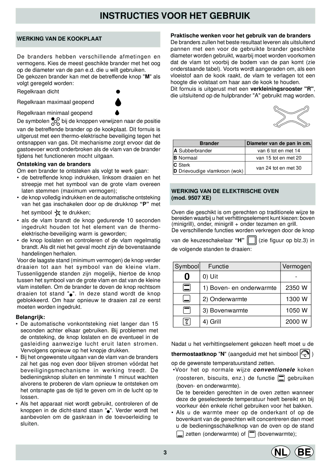 Indesit KP9507EB manual Instructies Voor HET Gebruik, Werking VAN DE Kookplaat, Ontsteking van de branders, Belangrijk 