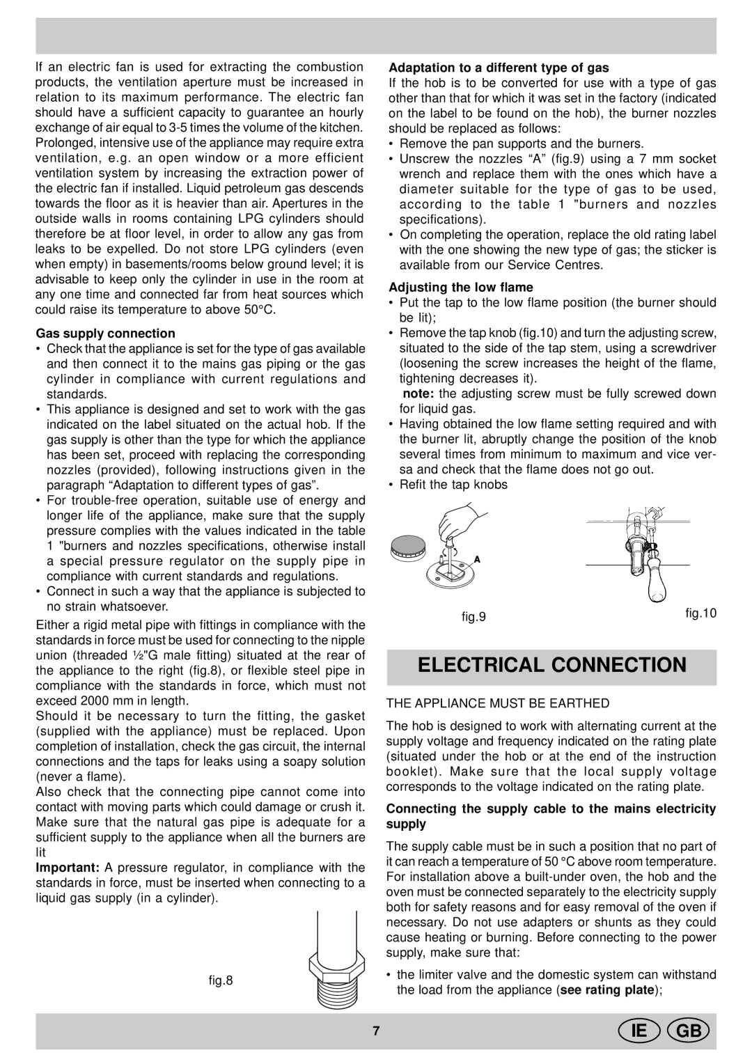 Indesit KP9507EB manual Electrical Connection, Gas supply connection, Adaptation to a different type of gas 