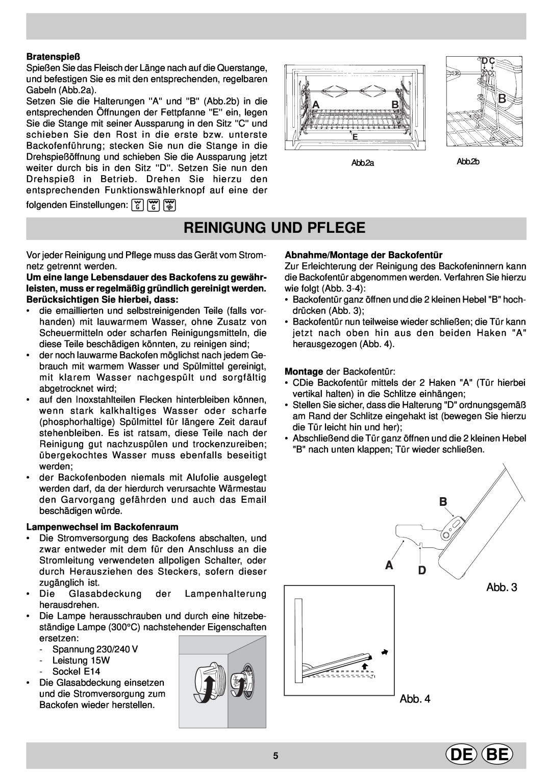 Indesit KP9507EB manual Reinigung Und Pflege, Abb Abb, Bratenspieß, Lampenwechsel im Backofenraum 
