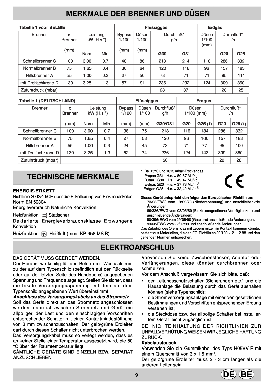 Indesit KP9507EB Merkmale Der Brenner Und Düsen, Technische Merkmale, ELEKTROANSCHLUß, Tabelle 1 DEUTSCHLAND, Flü ssiggas 