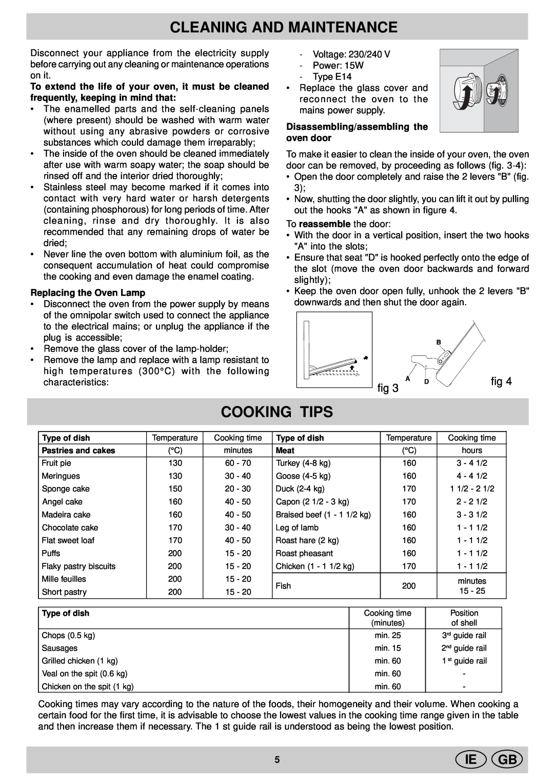 Indesit KP9507EB manual Cleaning And Maintenance, Cooking Tips, Ie Gb, Replacing the Oven Lamp 