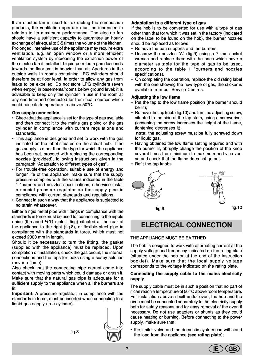 Indesit KP9507EB manual Electrical Connection, Ie Gb, Gas supply connection, Adaptation to a different type of gas 