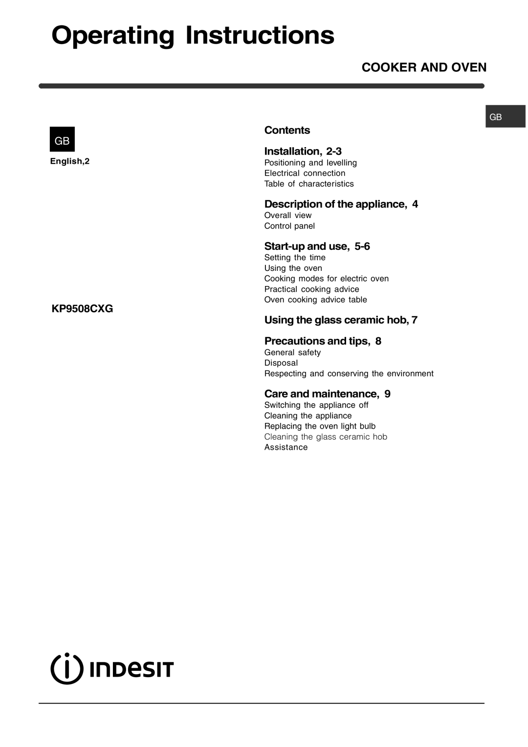 Indesit KP9508CXG manual Operating Instructions 