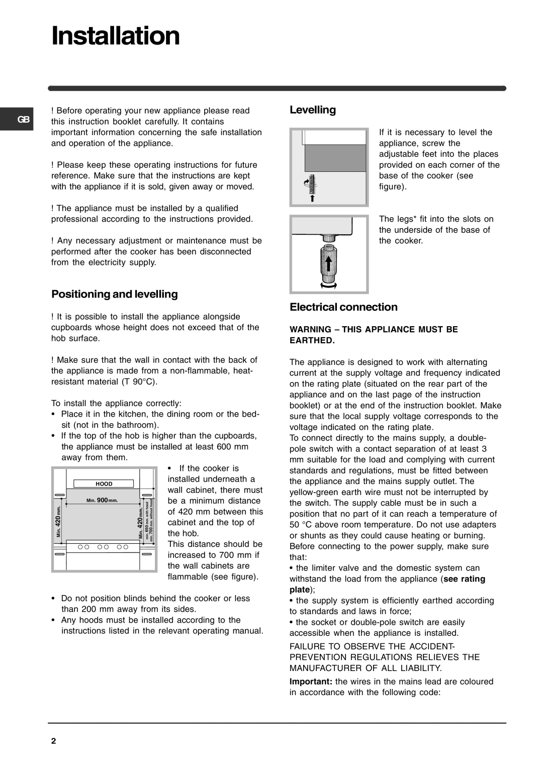 Indesit KP9508CXG manual Installation, Positioning and levelling, Levelling, Electrical connection 