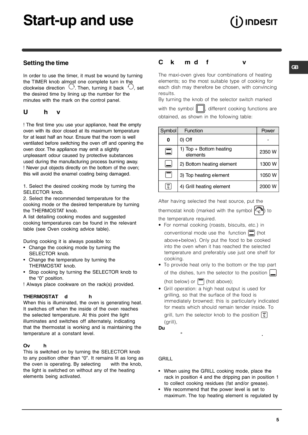 Indesit KP9508CXG manual Start-up and use, Setting the time, Using the oven, Cooking modes for electric oven 