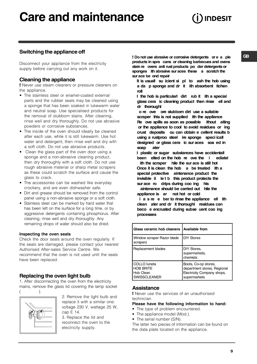 Indesit KP9508CXG manual Care and maintenance 