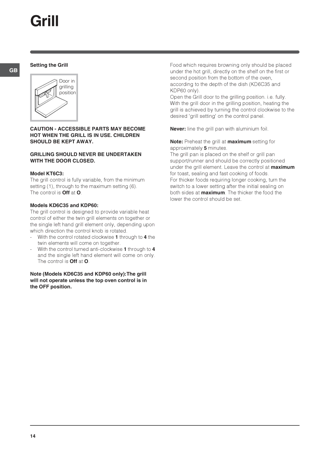 Indesit KD6C35, KDP60C S manual Setting the Grill, Grilling should Never be Undertaken with the Door Closed, Model KT6C3 