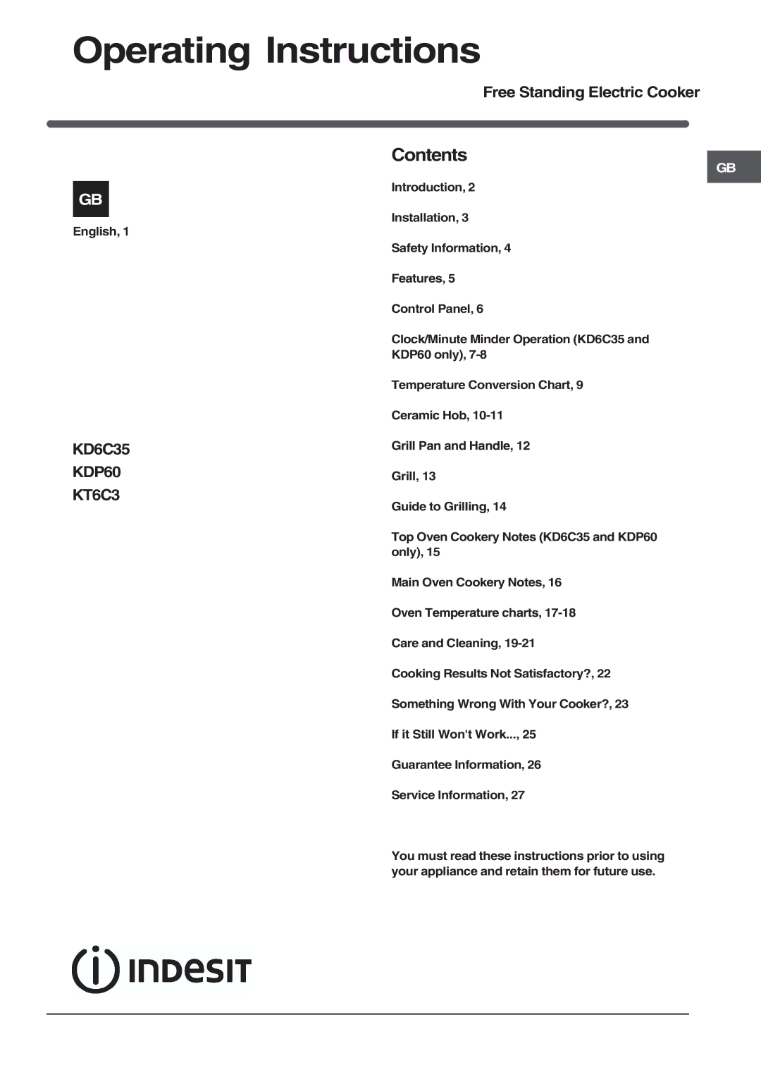 Indesit KT6C3 manual Operating Instructions, Contents 