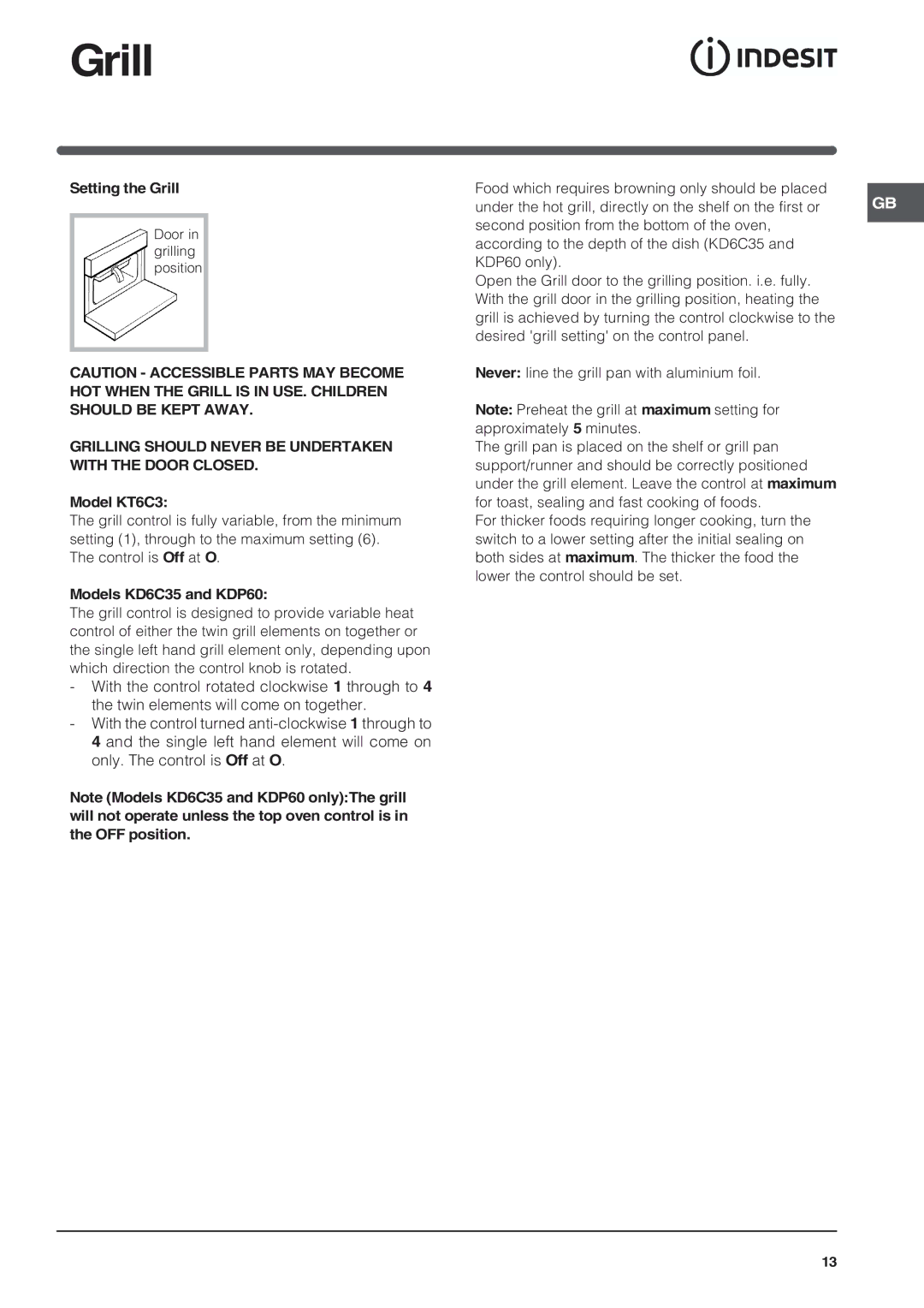 Indesit manual Setting the Grill, Grilling should Never be Undertaken with the Door Closed, Model KT6C3 