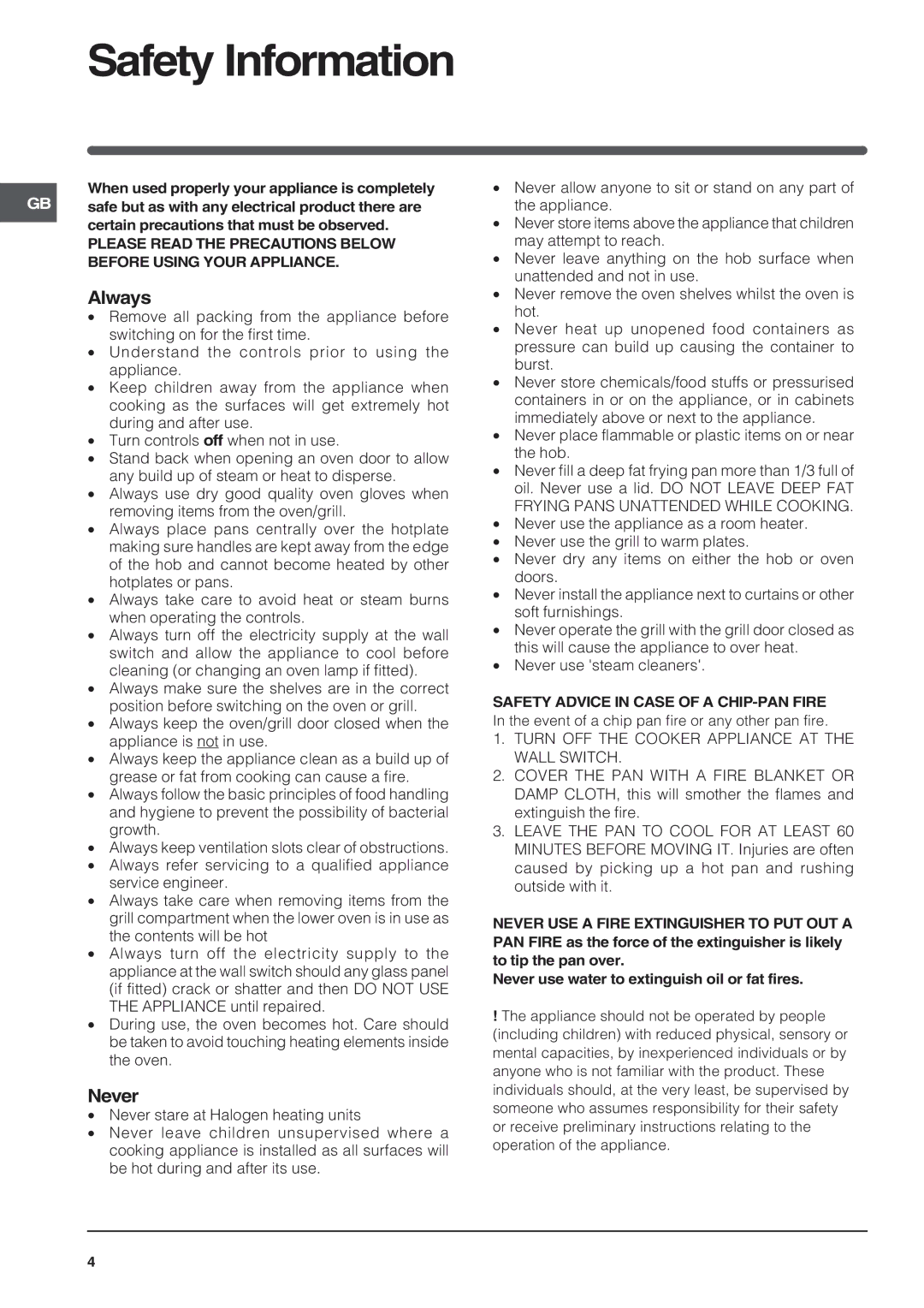 Indesit KT6C3 manual Safety Information, Always, Never, Safety Advice in Case of a CHIP-PAN Fire 