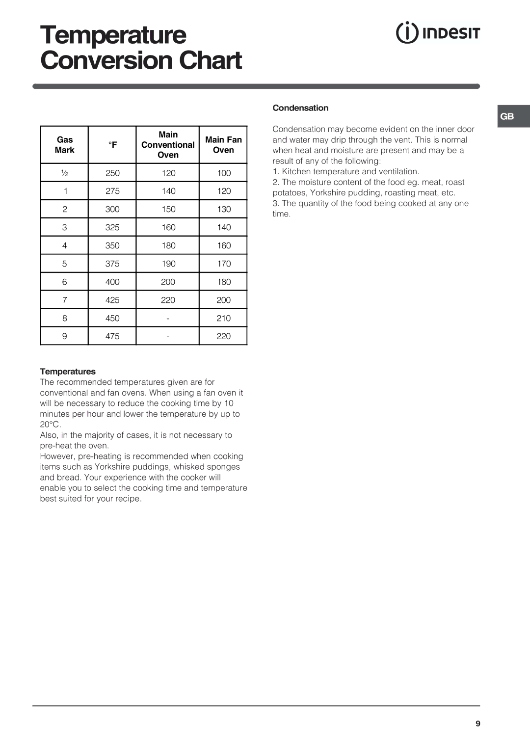 Indesit KT6C3 manual Temperatures, Condensation, Conventional, Mark Oven 