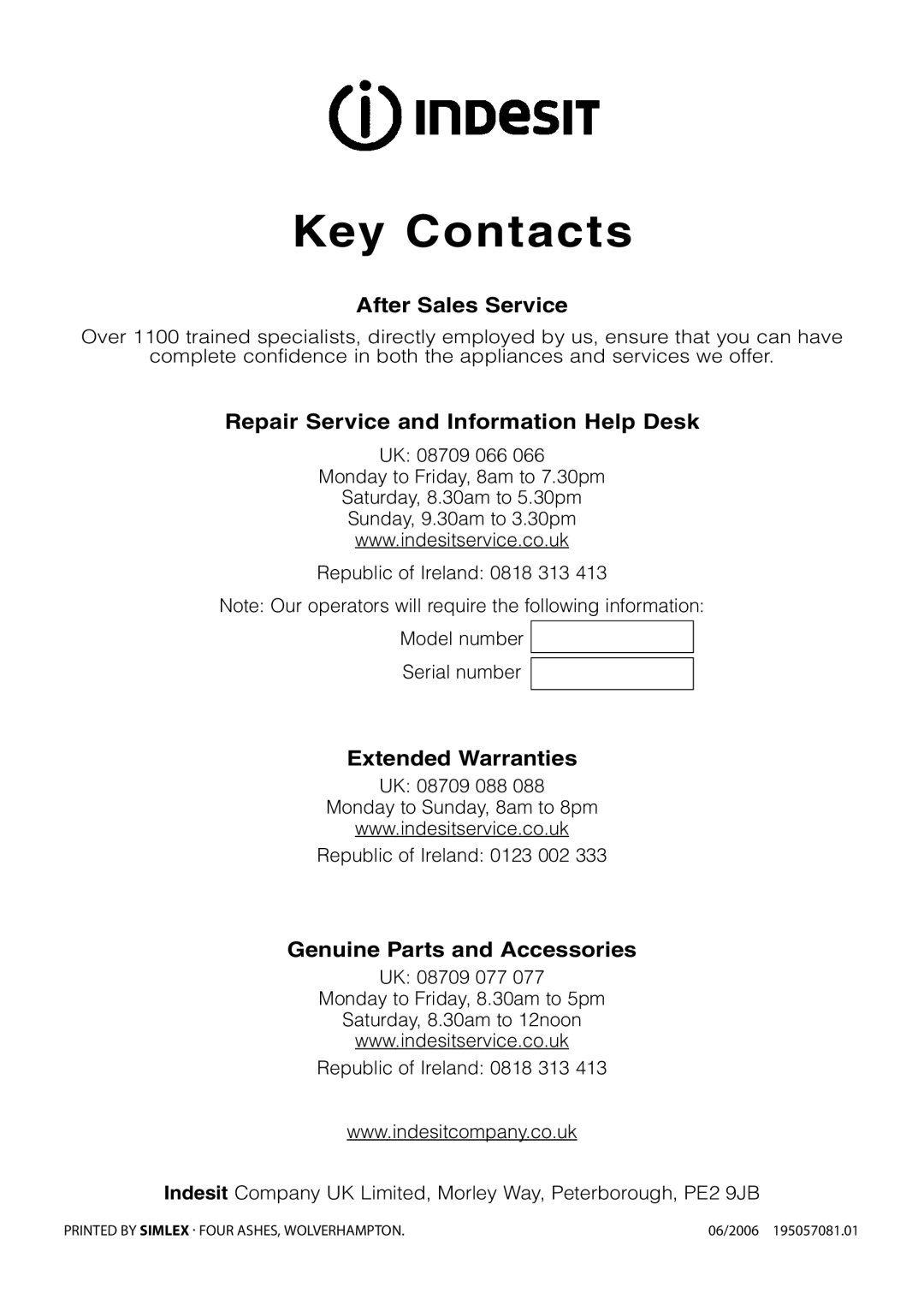 Indesit KT6G2M, KT6G2W manual Key Contacts 