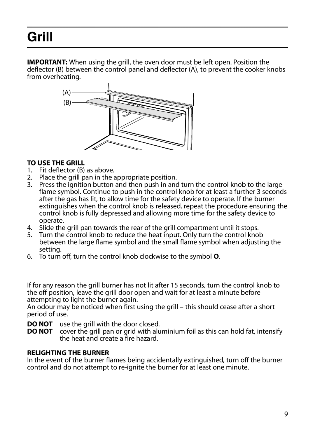 Indesit KT6G2W, KT6G2M manual To USE the Grill, Relighting the Burner 