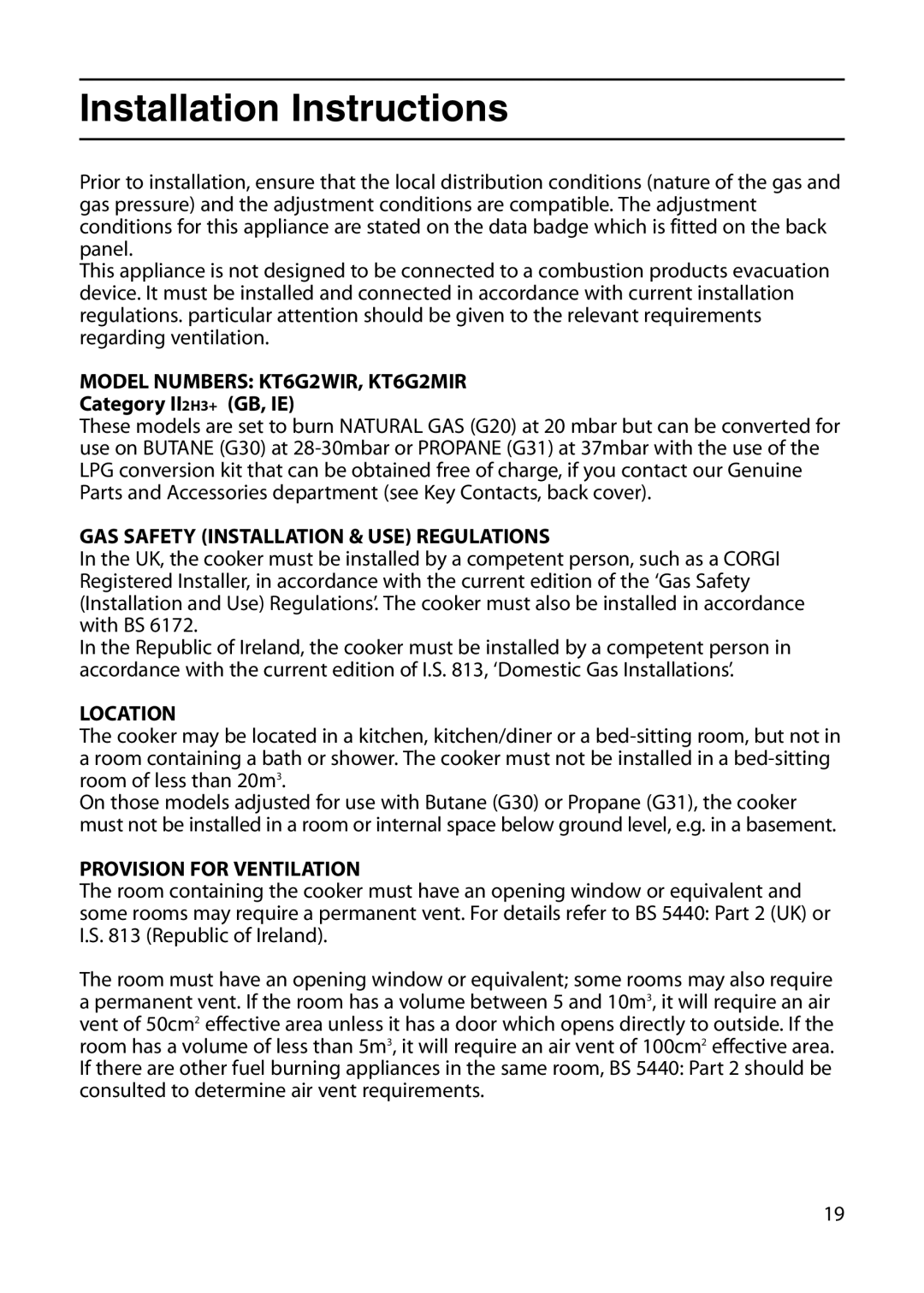 Indesit manual Installation Instructions, Model Numbers KT6G2WIR, KT6G2MIR, GAS Safety Installation & USE Regulations 