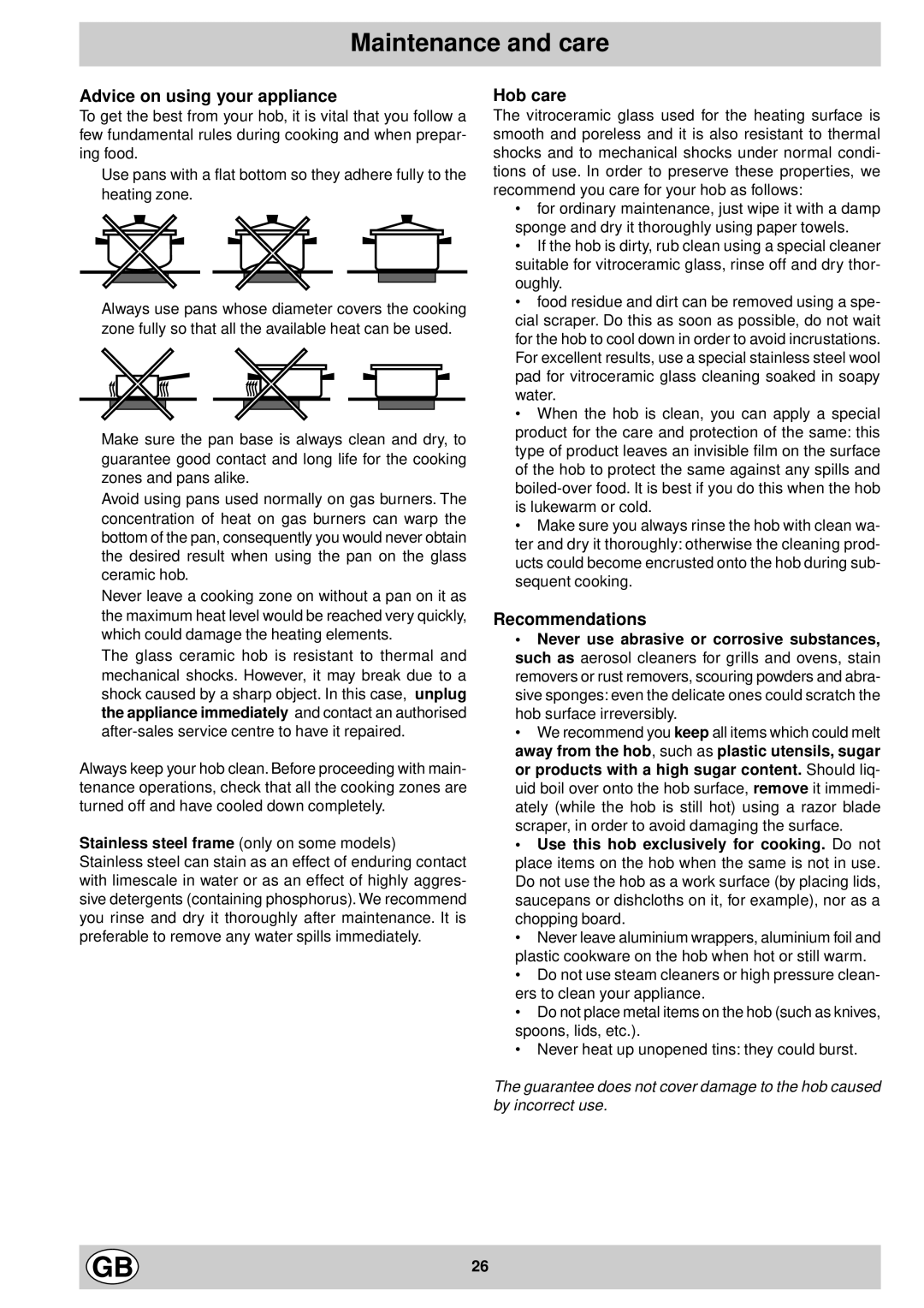 Indesit mk 64 r manual Maintenance and care, Advice on using your appliance, Hob care, Recommendations 