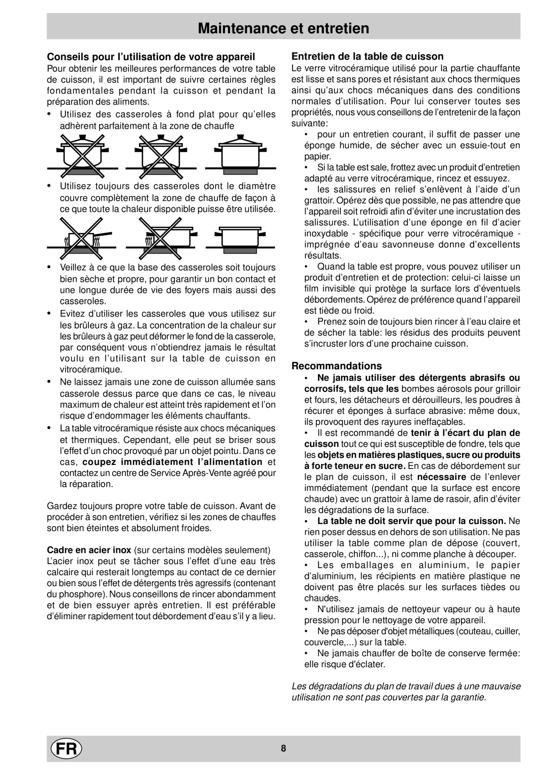 Indesit mk 64 r Maintenance et entretien, Conseils pour l’utilisation de votre appareil, Entretien de la table de cuisson 