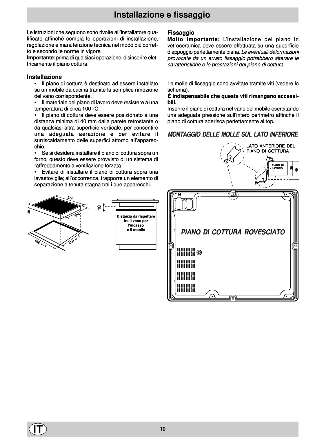Indesit mk 64 r manual Installazione e fissaggio, Piano Di Cottura Rovesciato, Fissaggio 