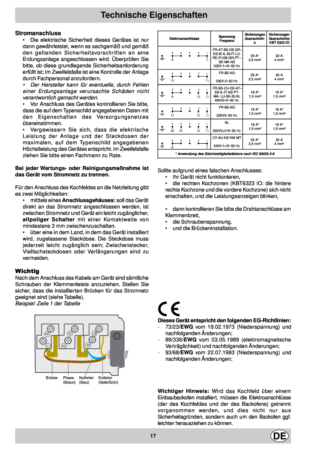 Indesit mk 64 r manual Technische Eigenschaften, Stromanschluss, Wichtig, Beispiel Zeile 1 der Tabelle 