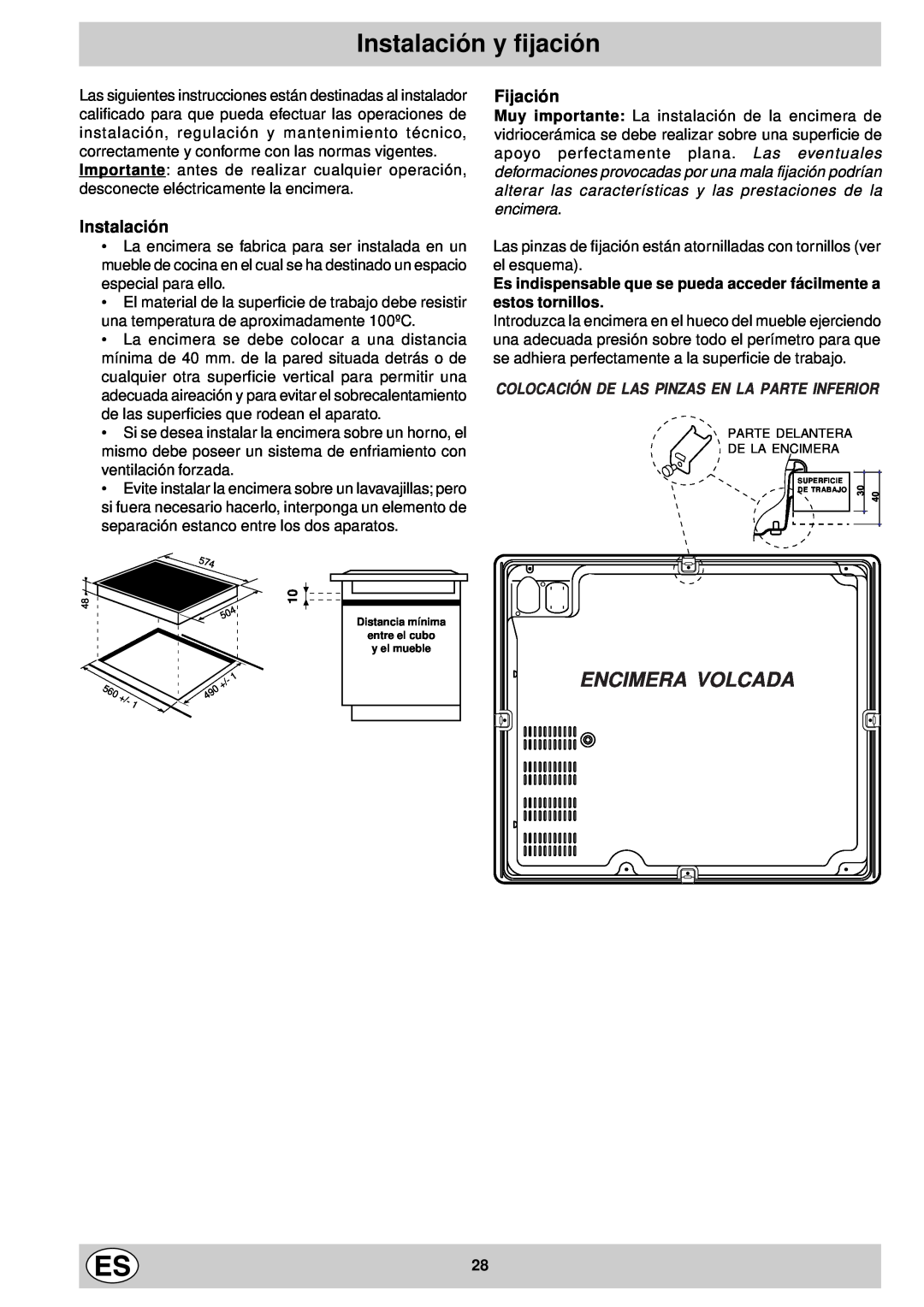 Indesit mk 64 r manual Instalación y fijación, Encimera Volcada, Fijación, Colocación De Las Pinzas En La Parte Inferior 