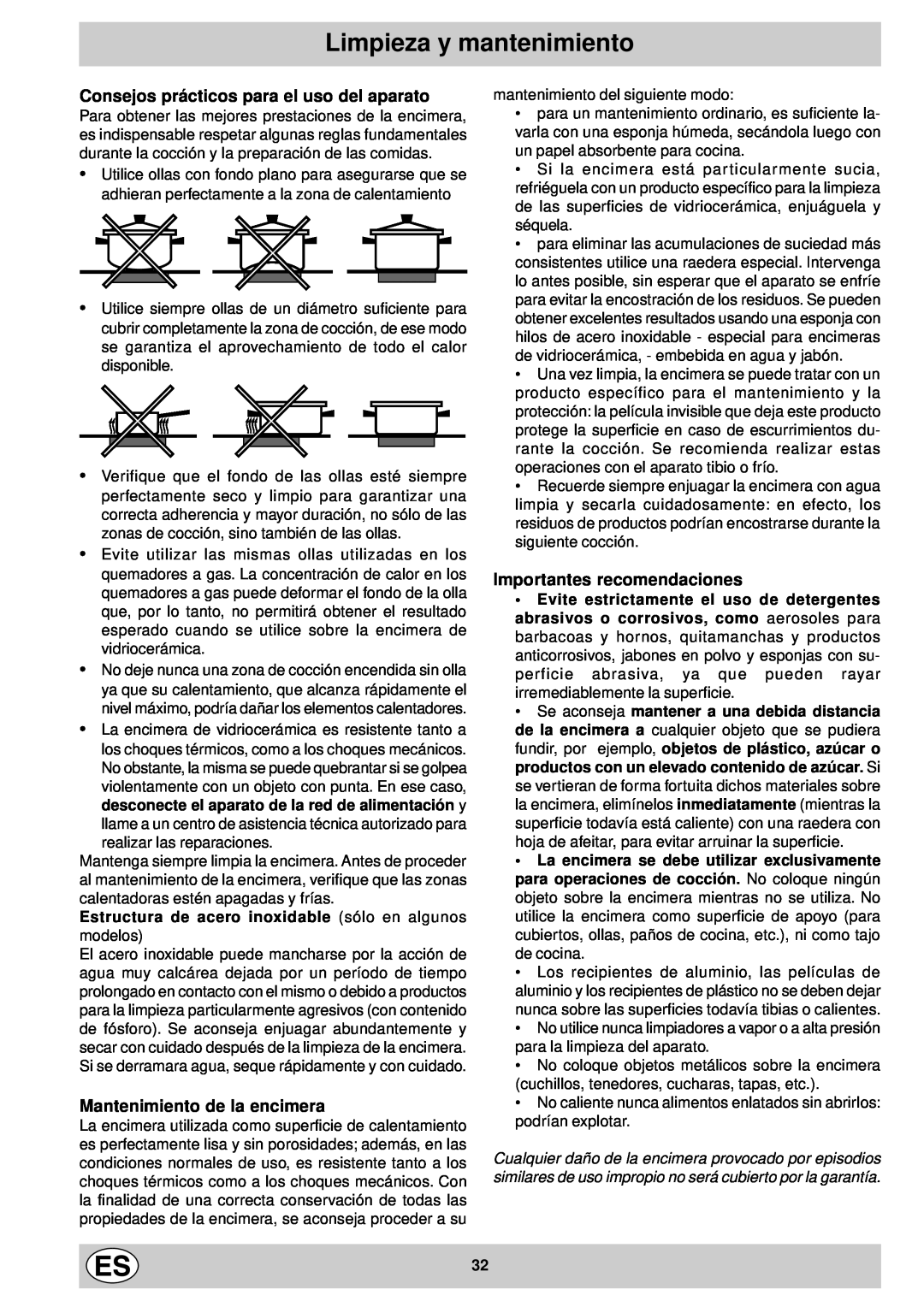 Indesit mk 64 r manual Limpieza y mantenimiento, Consejos prácticos para el uso del aparato, Mantenimiento de la encimera 