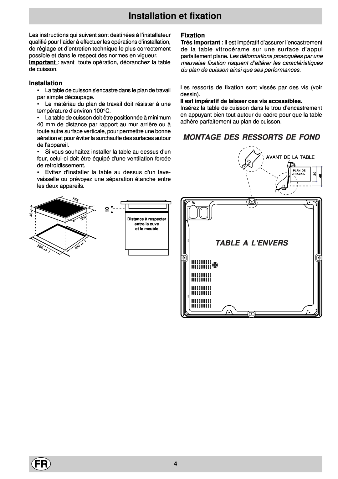 Indesit mk 64 r manual Installation et fixation, Montage Des Ressorts De Fond, Table A Lenvers, Fixation 
