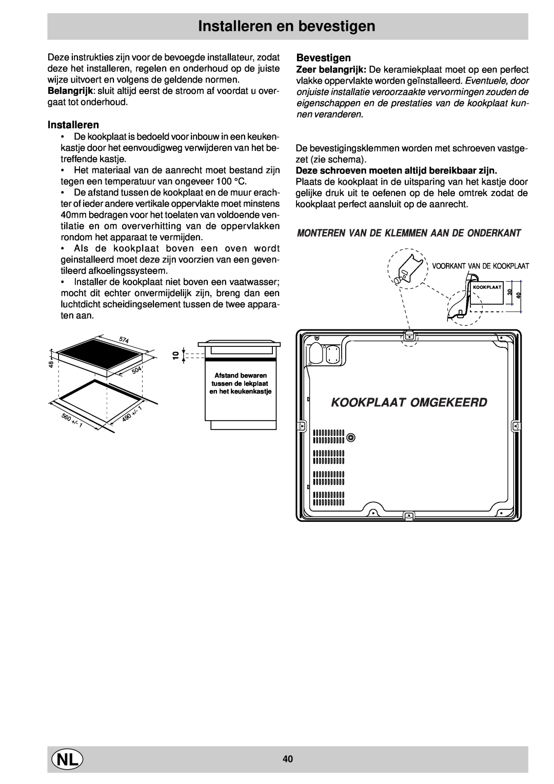 Indesit mk 64 r manual Installeren en bevestigen, Kookplaat Omgekeerd, Bevestigen, Monteren Van De Klemmen Aan De Onderkant 