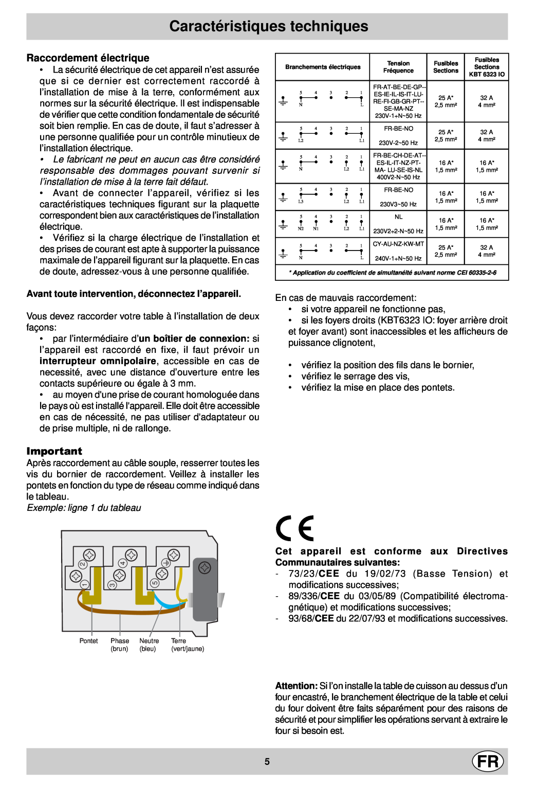 Indesit mk 64 r manual Caractéristiques techniques, Raccordement électrique, Exemple ligne 1 du tableau 