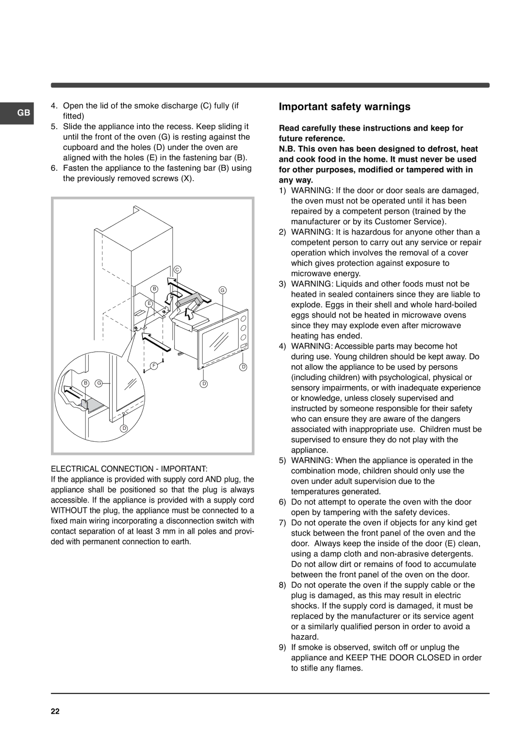 Indesit MWI 14IX manual Important safety warnings, Electrical Connection Important 