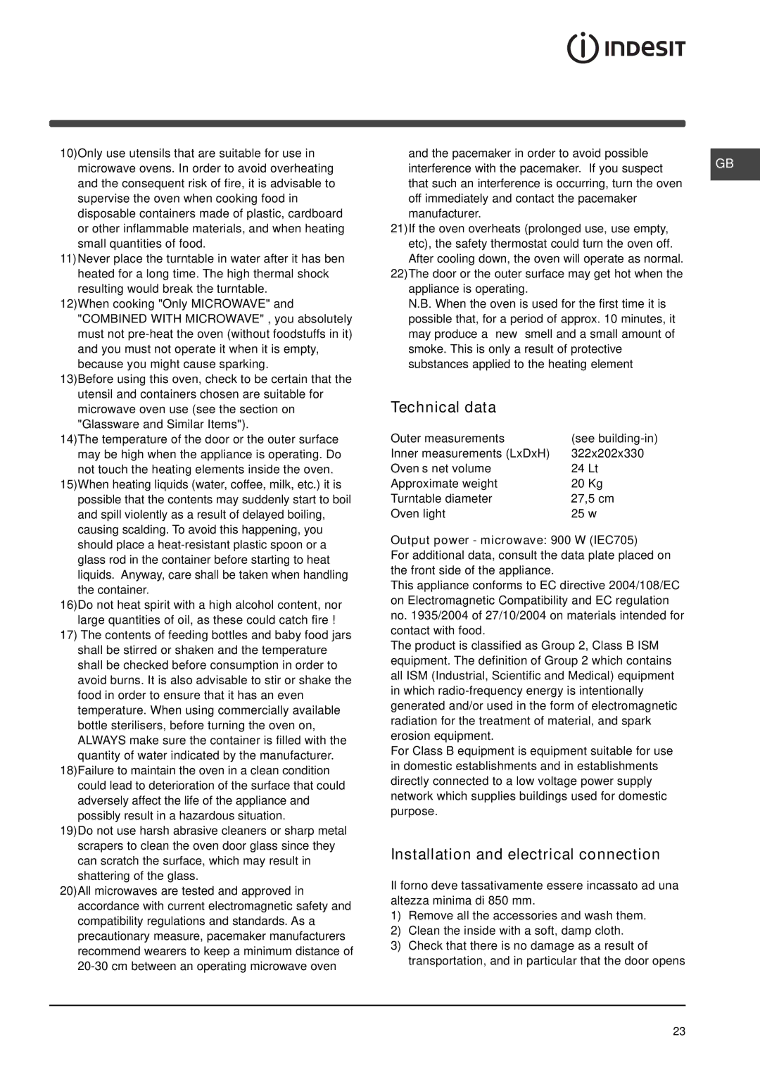 Indesit MWI 14IX manual Technical data, Installation and electrical connection, Output power microwave 900 W IEC705 