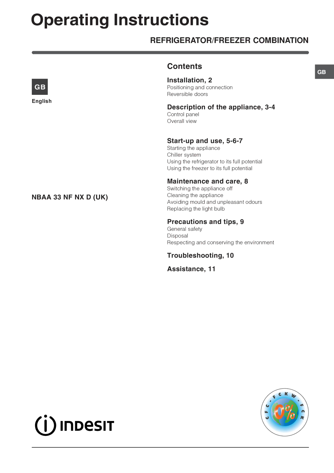 Indesit NBAA 33 NF NX D manual Operating Instructions, REFRIGERATOR/FREEZER Combination 