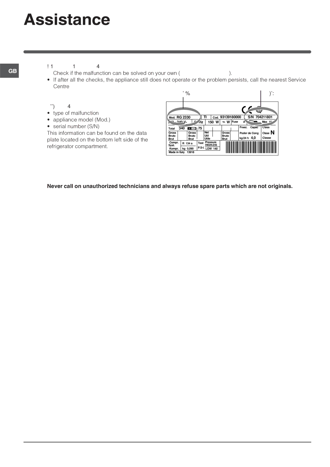 Indesit NBAA 33 NF NX D manual Before calling for Assistance, Communicating, Model 