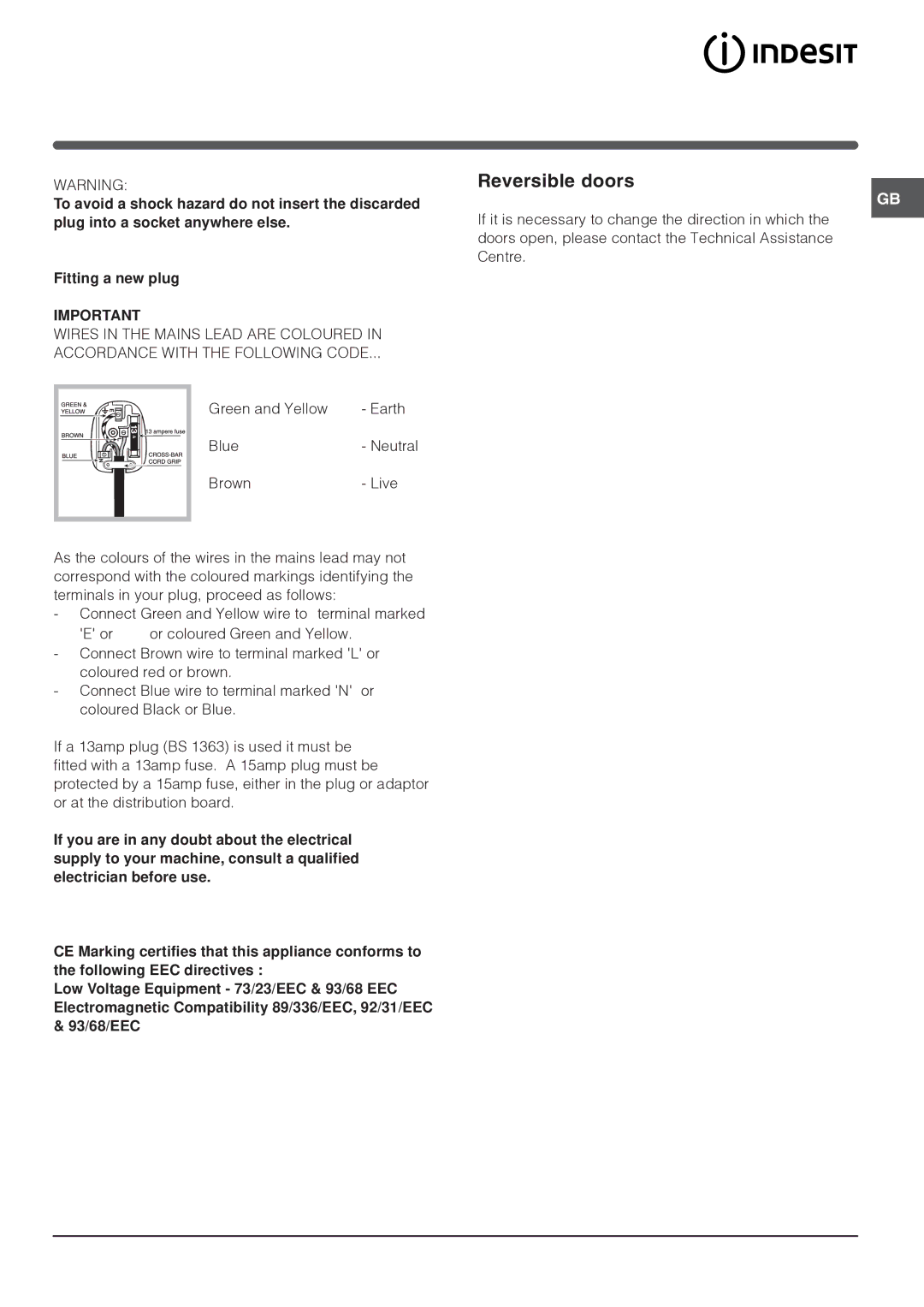 Indesit NBAA 33 NF NX D manual Reversible doors 