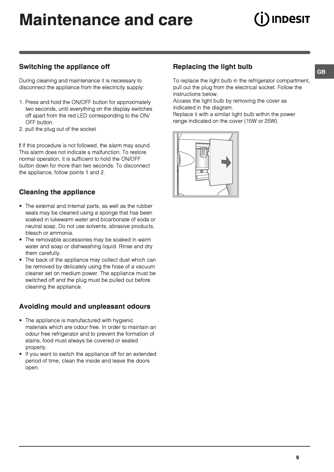 Indesit NBAA 33 NF NX D manual Maintenance and care, Switching the appliance off, Cleaning the appliance 