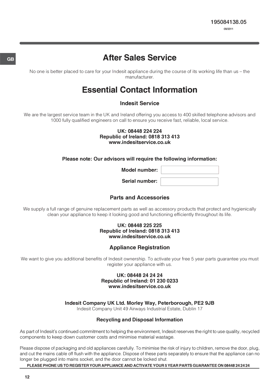 Indesit NCAA 55 XX, CA 55 XX operating instructions Indesit Service, Parts and Accessories, Appliance Registration 