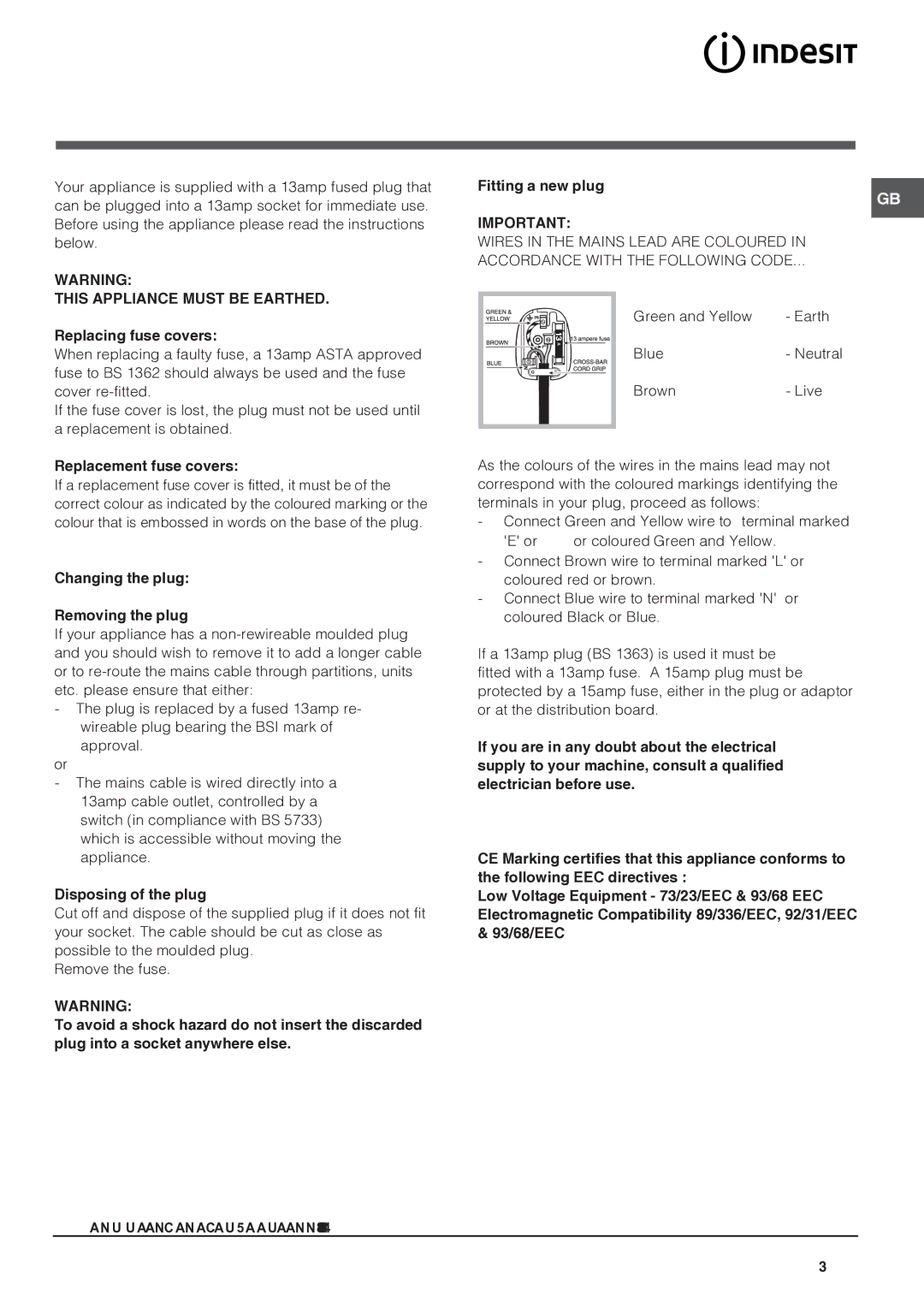 Indesit NCAA 55 XX, CA 55 XX Replacing fuse covers, Replacement fuse covers, Changing the plug Removing the plug 