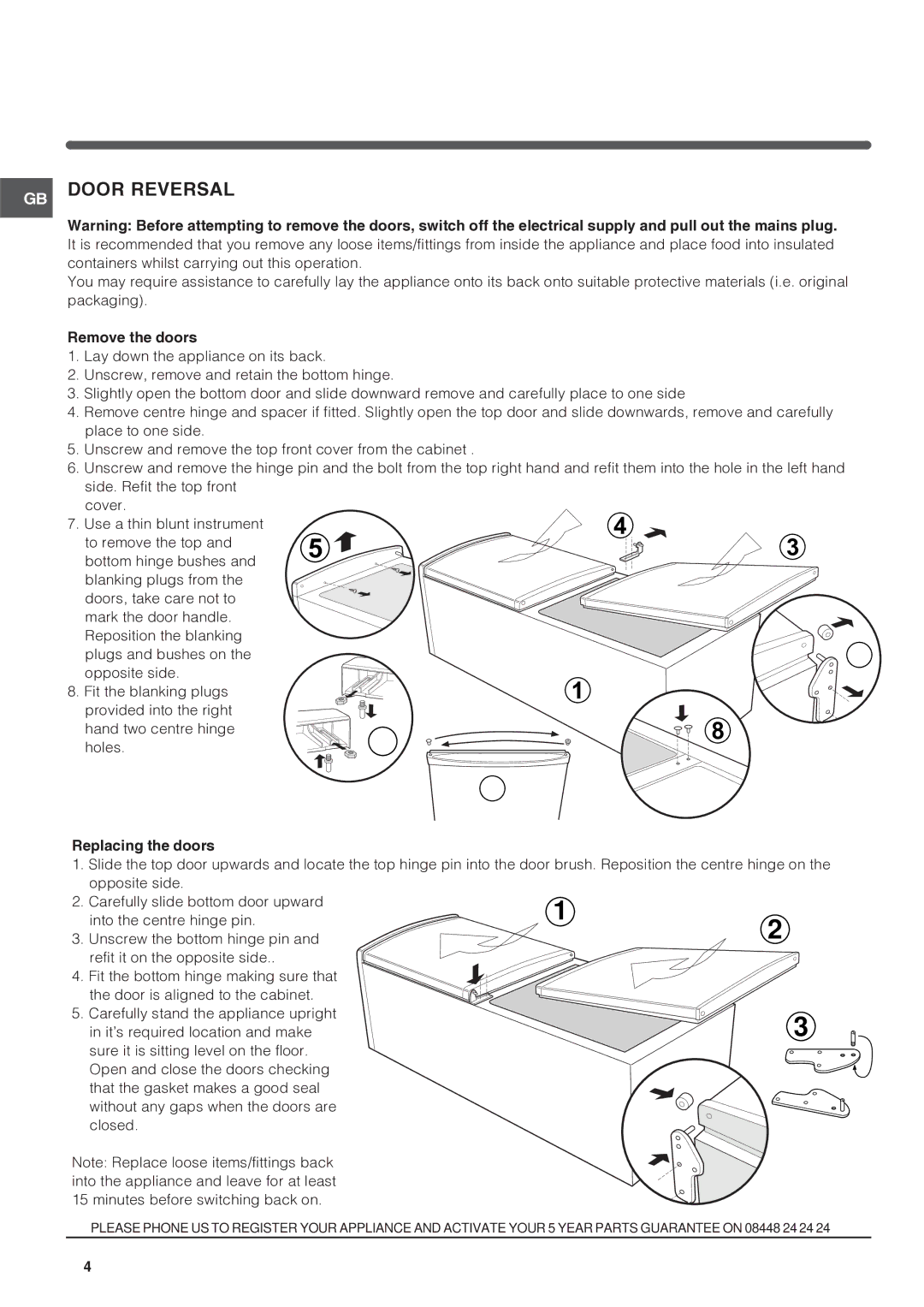 Indesit CA 55 XX, NCAA 55 XX operating instructions Remove the doors, Replacing the doors 