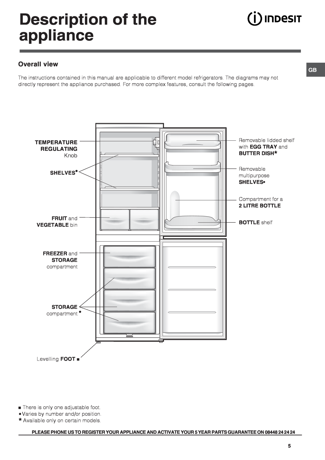 Indesit CAA 55 XX Description of the appliance, Overall view, Temperature Regulating, STORAGE compartment, Butter Dish 