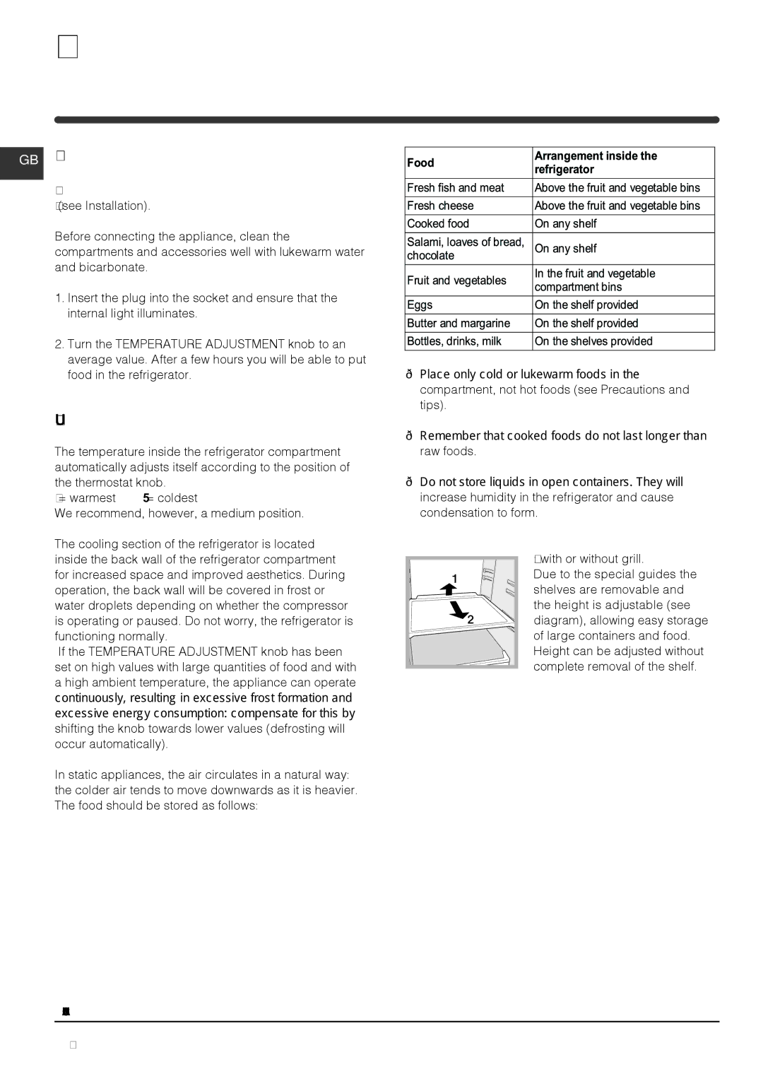 Indesit NCAA 55 XX (UK) manual Start-up and use, GB Starting the appliance, Using the refrigerator to its full potential 