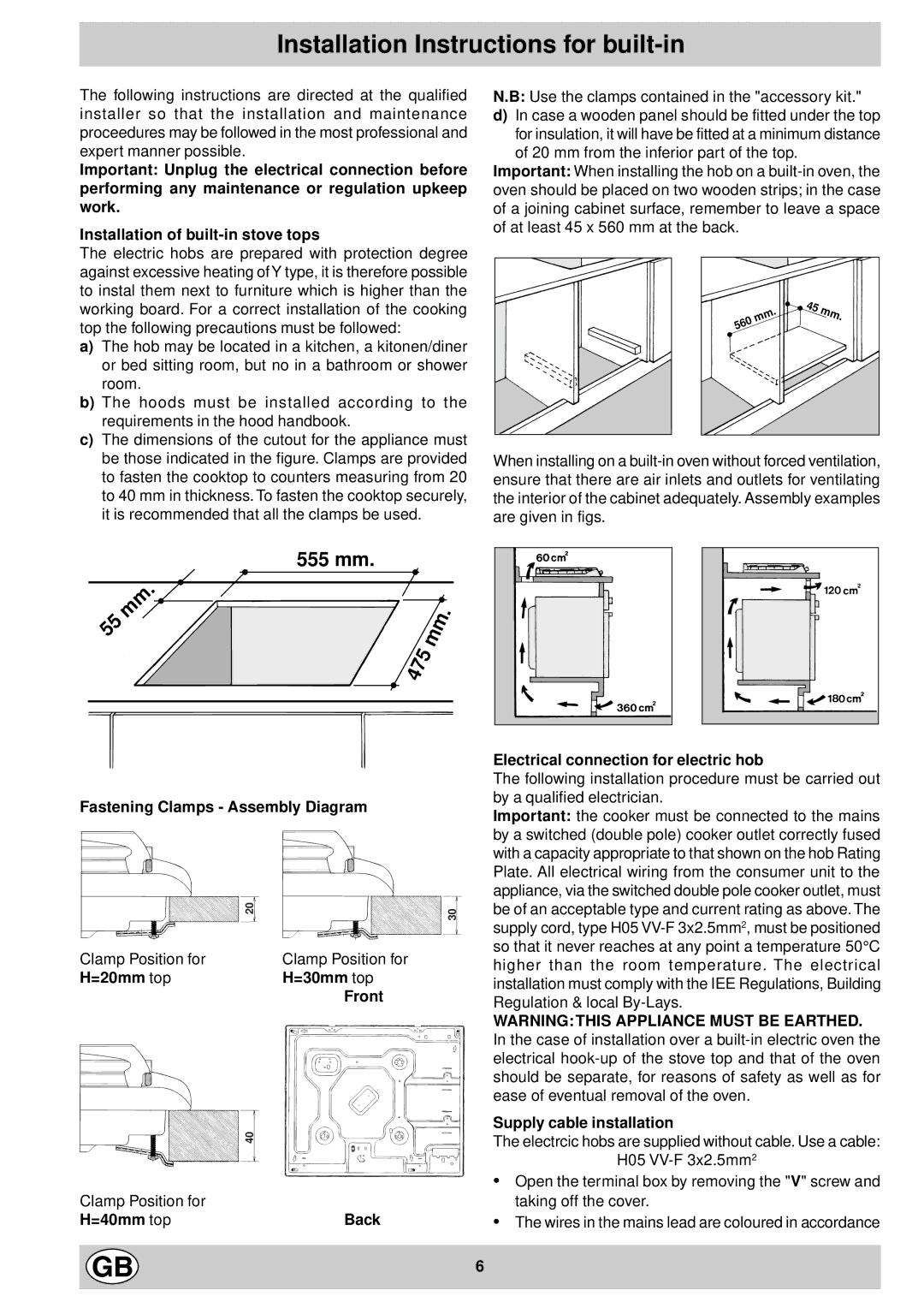 Indesit P 604 GB Installation Instructions for built-in, Fastening Clamps Assembly Diagram, =20mm top =30mm top Front 