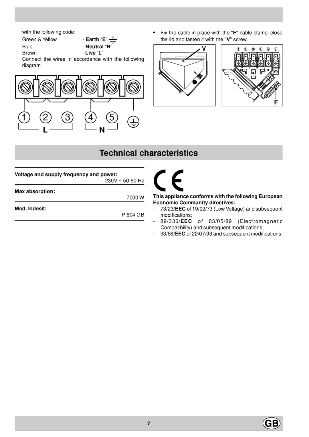 Indesit P 604 GB manual Technical characteristics 