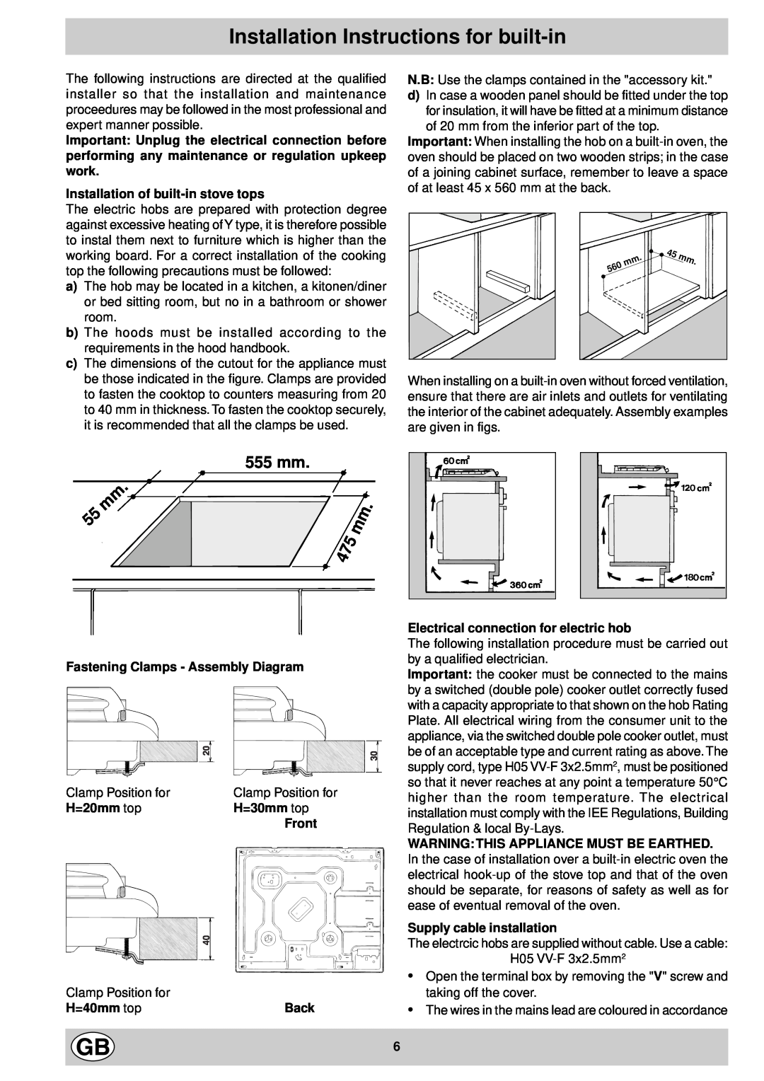 Indesit P 604 GB Installation Instructions for built-in, Installation of built-in stove tops, H=20mm top, H=30mm top, Back 