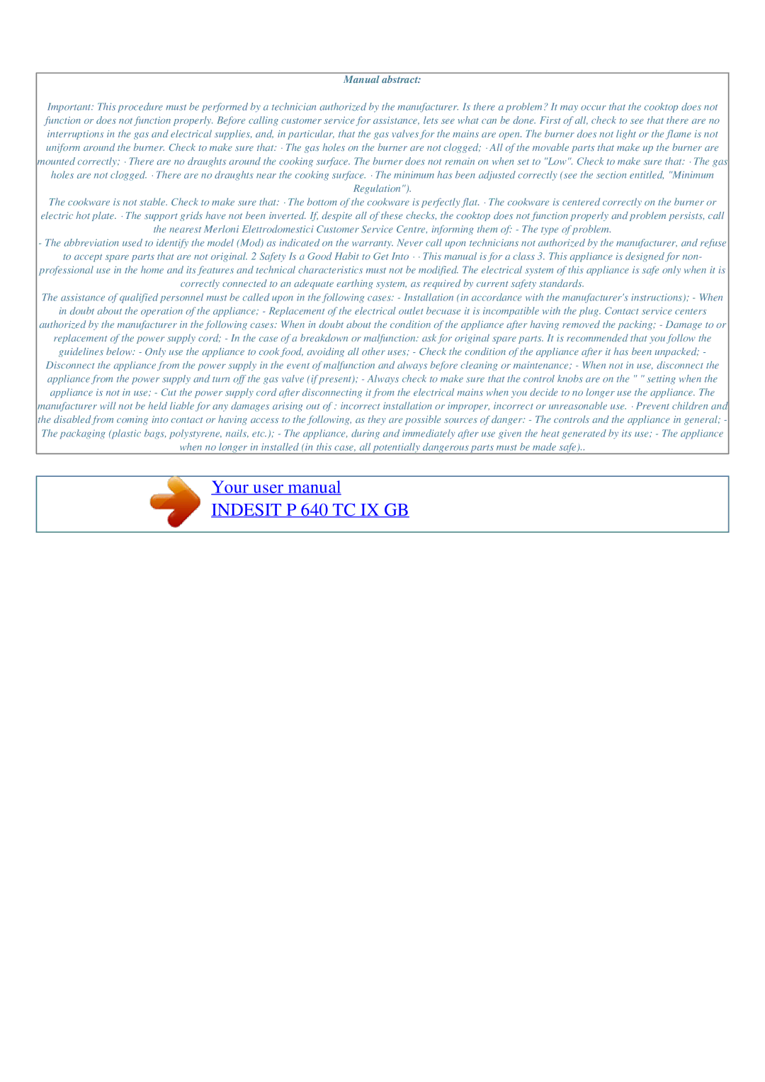 Indesit P 640 TC IX GB user manual Manual abstract 