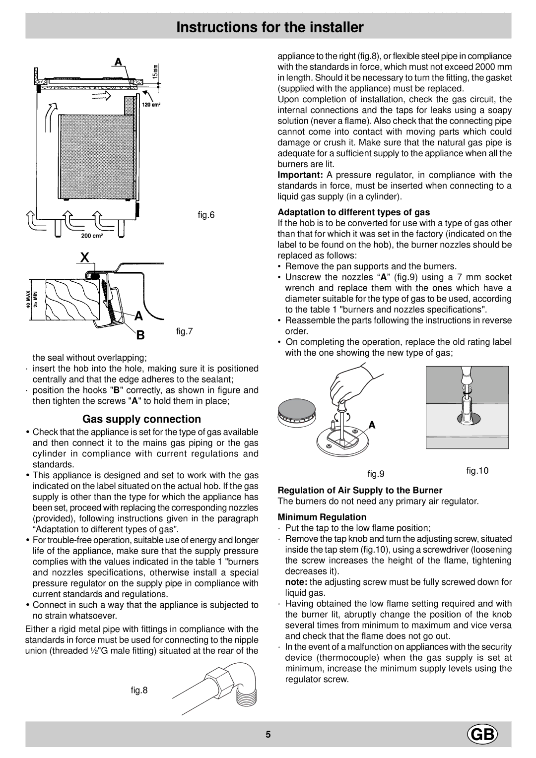 Indesit P 640 TC (IX) Gas supply connection, Adaptation to different types of gas, Regulation of Air Supply to the Burner 